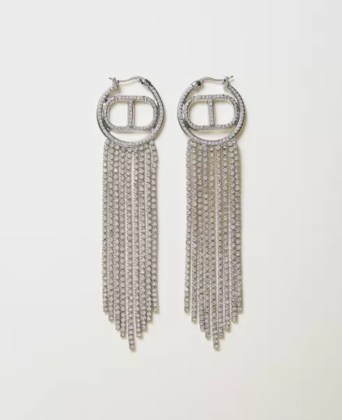 Modeschmuck Nickelfree-Silber Ohrringe Mit Oval T-Logo Und Strassfransen Nachschub Twinset Damen
