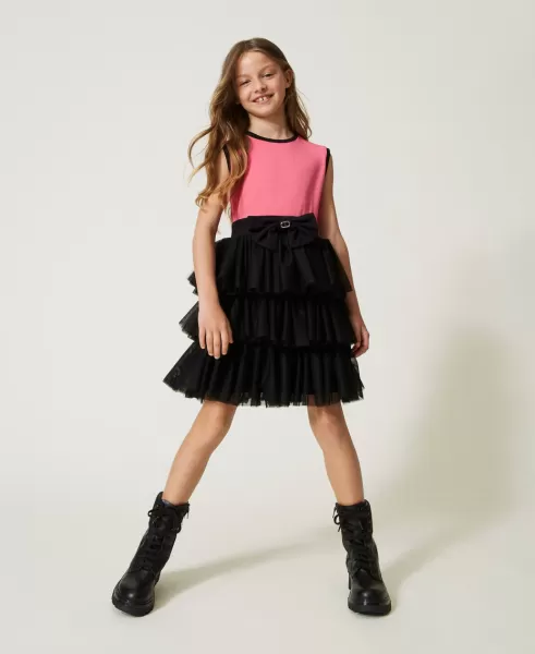 Kleider Kurzes Kleid Mit Tüllvolants Zweifarbig Neonpink / Schwarz Twinset Produkt Mädchen