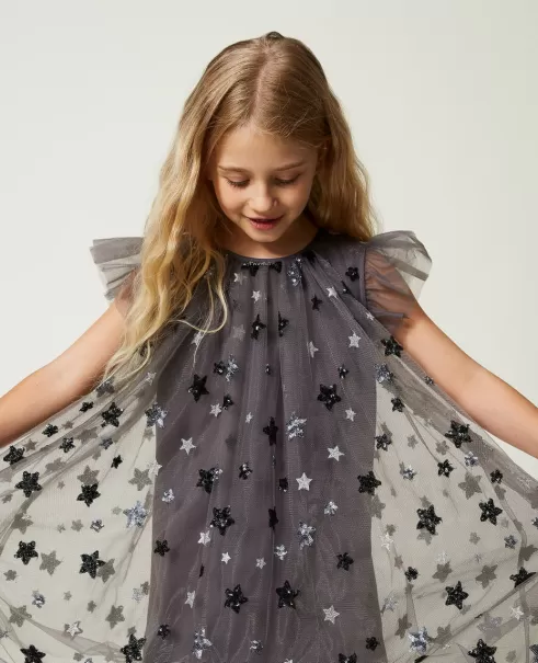 Mädchen Twinset Kleider Kurzes Tüllkleid Mit Aufgestickten Sternen Sterne Grund Rauch Umweltfreundlich