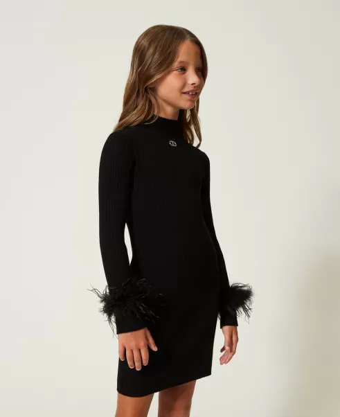 Mädchen Schwarz Effizienz Kurzes Kleid Mit Rippenmuster Und Federn Kleider Twinset