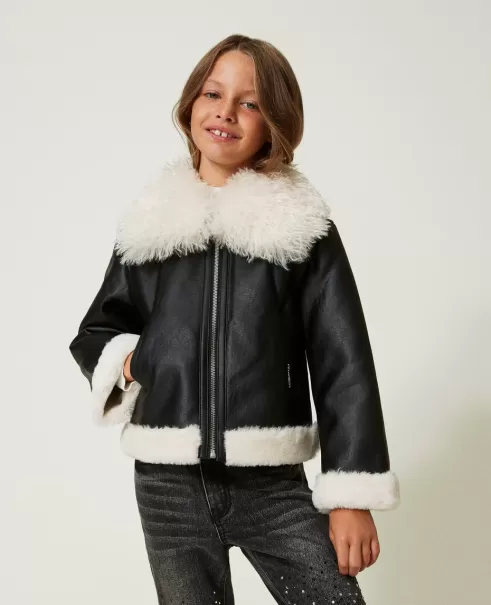 Schwarz Jacke Mit Pelzimitat Verpackung Mädchen Twinset Jacken Und Outerwear