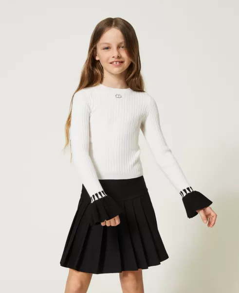 Bestellen Pullover Und Cardigans Twinset Zweifarbig Off White / Schwarz Mädchen Gerippter Pullover Mit Volants