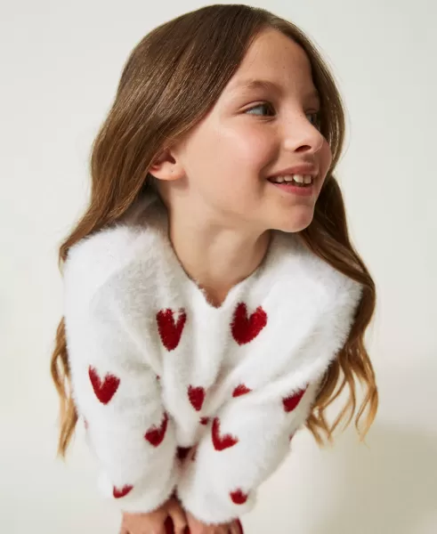 Zweifarbig Off White / Ultra Red Pullover Und Cardigans Marktforschung Twinset Mädchen Jacquard-Pullover Mit Herzen