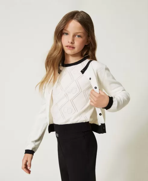 Verkaufen Pullover Und Cardigans Zweifarbig Off White / Schwarz Twinset Mädchen Cardigan Und Pullover Mit Oval T-Motiv