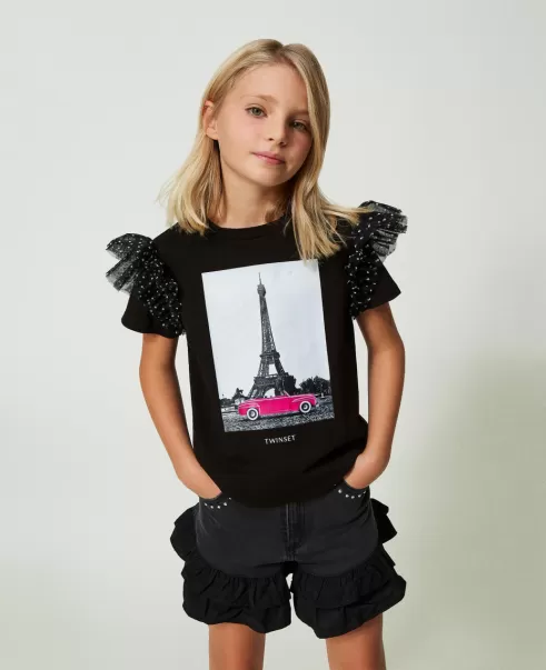 T-Shirt Mit Print Und Tupfenvolants Preisgestaltung T-Shirts Und Tops Mädchen Twinset Print Tour Eiffel