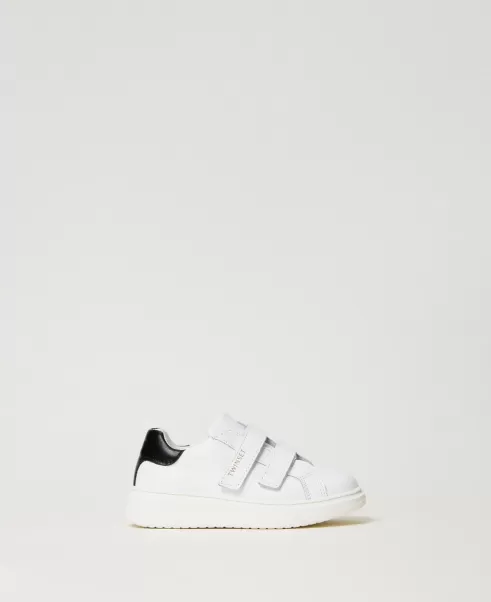 Schuhe Baby-Sneaker Aus Leder Twinset Zweifarbig Off White / Schwarz Mädchen Marketing