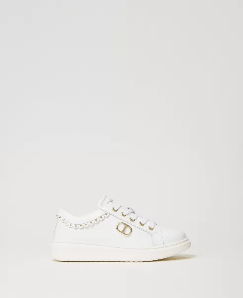 Schuhe Mädchen Twinset Lucent White Verkaufspreis Ledersneaker Mit Oval T