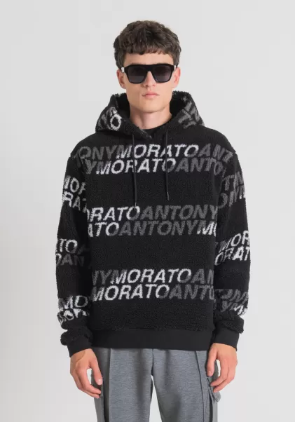 Herren Antony Morato Schwarz Sweatshirts Sweatshirt Regular Fit Aus Kunstpelz Mit Kapuze Und Logo-Muster