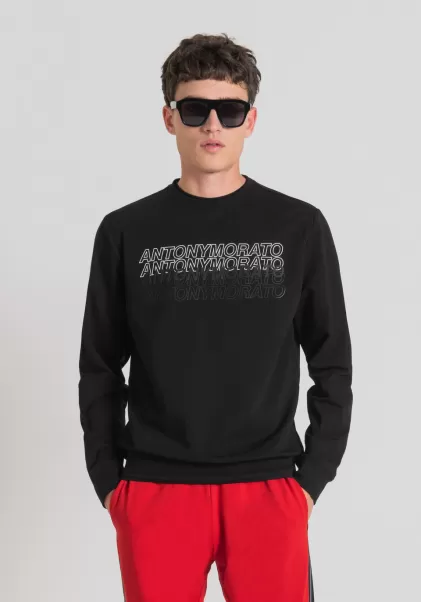Schwarz Herren Sweatshirts Antony Morato Sweatshirt Slim Fit Aus Weicher Stretch-Baumwolle Mit Kontrastierendem Gummiertem Logo-Print