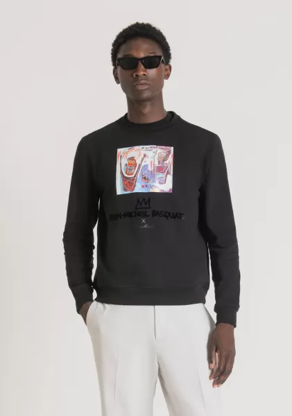 Herren Sweatshirt Regular Fit Aus Elastischem Baumwoll-Mischgewebe Mit Basquiat-Print Antony Morato Schwarz Sweatshirts