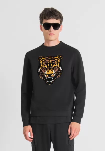 Schwarz Sweatshirts Antony Morato Herren Sweatshirt Regular Fit Aus Baumwoll-Mischgewebe Mit Tiger-Print