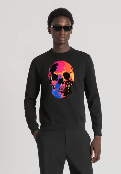 Herren Sweatshirts Schwarz Antony Morato Sweatshirt Regular Fit Aus Baumwoll-Mischgewebe Mit Mehrfarbigem Totenkopf-Print