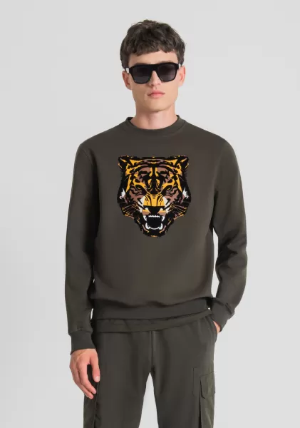 Antony Morato Dunkles Militärgrün Sweatshirts Sweatshirt Regular Fit Aus Baumwoll-Mischgewebe Mit Tiger-Print Herren