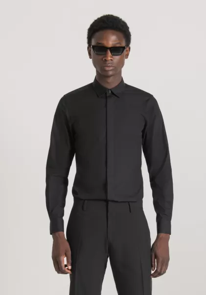 Antony Morato Hemden Herren Hemd Slim Fit „London“ Aus Easy-Iron-Baumwolle Mit Verdeckter Knopfleiste Schwarz