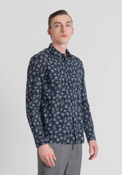 Antony Morato Hemden Herren Hemd Regular Fit „Barcelona“ Aus Baumwoll-Mischgewebe Mit Print Blue Ink