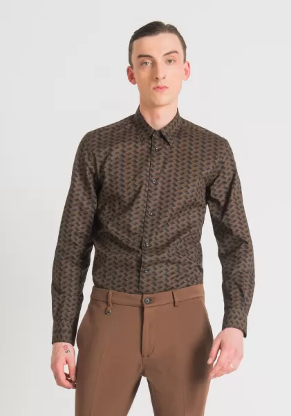 Antony Morato Hemden Camelfarben Herren Hemd Slim Fit „Napoli“ Aus 100 % Baumwolle Mit Print