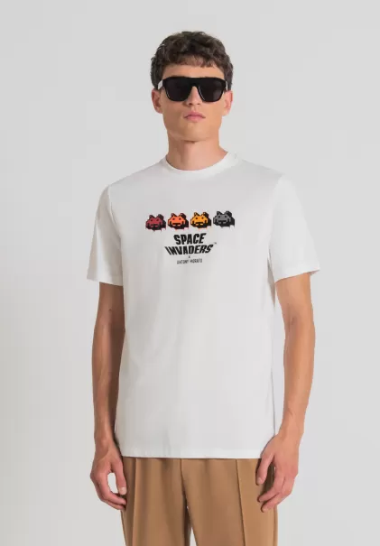 T-Shirts Und Polo Creme Antony Morato Herren T-Shirt Regular Fit Aus 100 % Baumwolle Mit Space Invaders-Print
