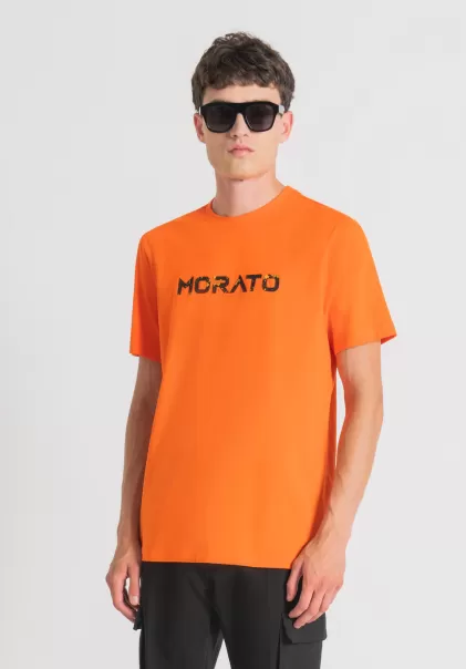 Herren Antony Morato T-Shirts Und Polo Orange T-Shirt Regular Fit Aus Reiner Baumwolle Mit Gummiertem Logo-Print