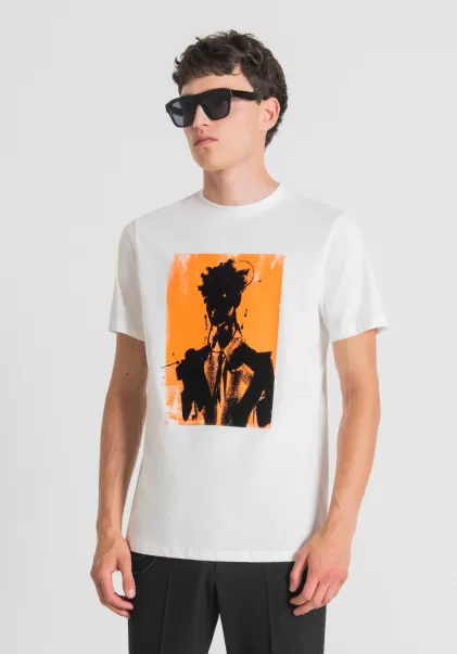 Antony Morato Herren T-Shirts Und Polo T-Shirt Regular Fit 100 % Baumwolle Mit Kontrast-Print Creme