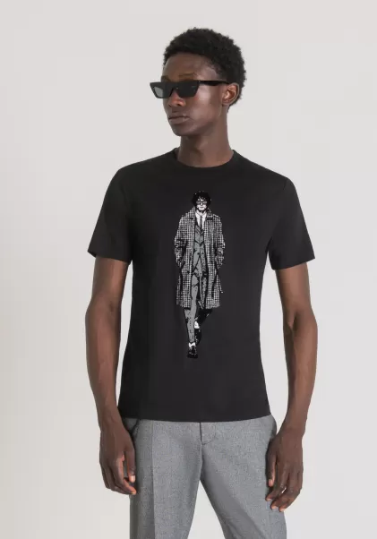 Schwarz Antony Morato T-Shirts Und Polo Herren T-Shirt Slim Fit Aus Reiner Baumwolle Mit Print Auf Der Vorderseite