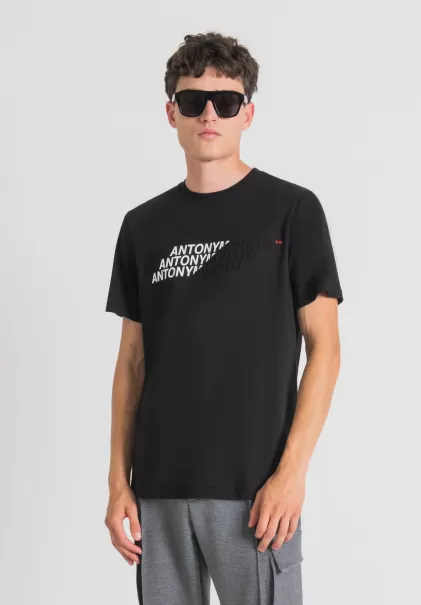 T-Shirts Und Polo Schwarz Antony Morato Herren T-Shirt Regular Fit Aus Baumwolle Mit Gummiertem Logo-Print