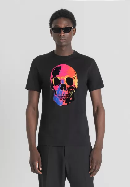 Schwarz Antony Morato Herren T-Shirt Slim Fit Aus 100 % Weicher Baumwolle Mit Totenkopf-Print T-Shirts Und Polo
