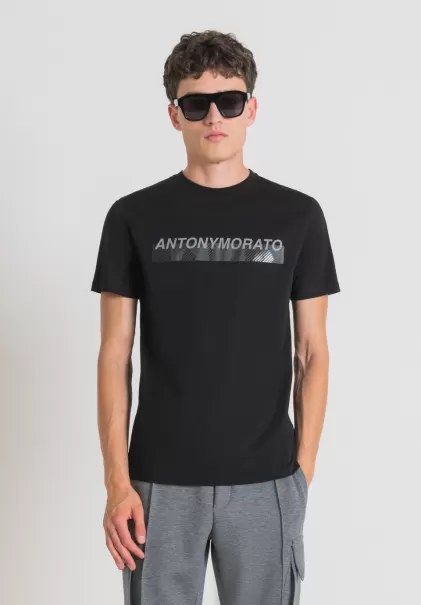 Antony Morato Herren T-Shirts Und Polo Schwarz T-Shirt Slim Fit Aus 100 % Baumwolle Mit Logo-Print In Gummi-Optik
