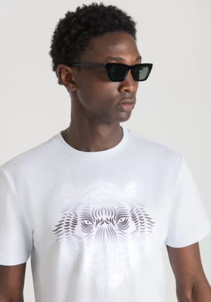 T-Shirts Und Polo T-Shirt Slim Fit Aus Baumwolle Mit Nuanciertem Tiger-Print Herren Weiß Antony Morato