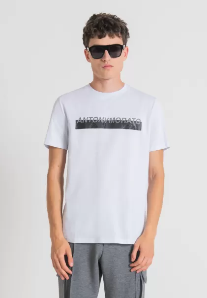 Herren T-Shirts Und Polo T-Shirt Slim Fit Aus 100 % Baumwolle Mit Logo-Print In Gummi-Optik Weiß Antony Morato