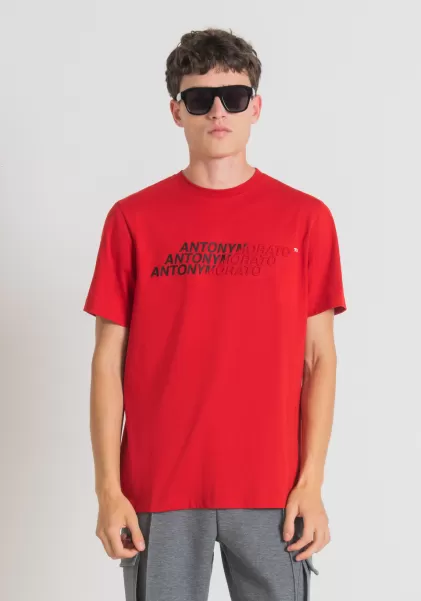 T-Shirt Regular Fit Aus Baumwolle Mit Gummiertem Logo-Print Rot T-Shirts Und Polo Herren Antony Morato