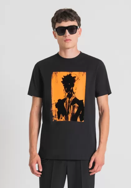 Herren Antony Morato T-Shirts Und Polo Schwarz T-Shirt Regular Fit 100 % Baumwolle Mit Kontrast-Print
