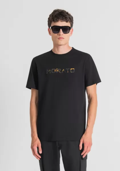 Schwarz Herren T-Shirts Und Polo T-Shirt Regular Fit Aus Reiner Baumwolle Mit Gummiertem Logo-Print Antony Morato