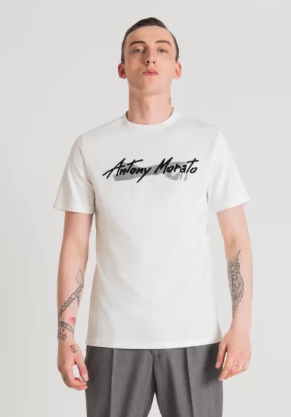 T-Shirt Regular Fit Aus Reiner Baumwolle Mit Gummiertem Logo-Print T-Shirts Und Polo Herren Creme Antony Morato