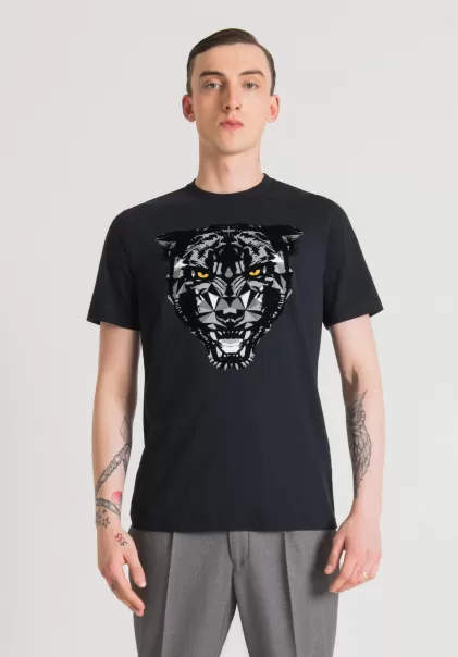 T-Shirts Und Polo Herren Blue Ink T-Shirt Regular Fit Aus 100 % Weicher Baumwolle Mit Panther-Print Antony Morato