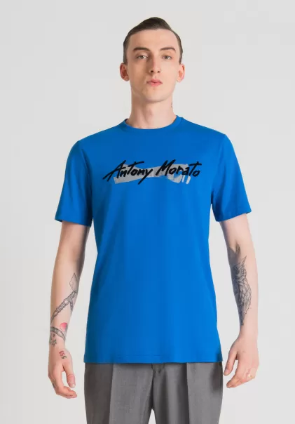 Kobalt Herren Antony Morato T-Shirts Und Polo T-Shirt Regular Fit Aus Reiner Baumwolle Mit Gummiertem Logo-Print