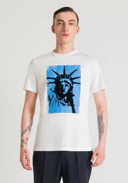 T-Shirt Regular Fit Aus 100 % Baumwolle Mit Print Freiheitsstatue Antony Morato Creme Herren T-Shirts Und Polo