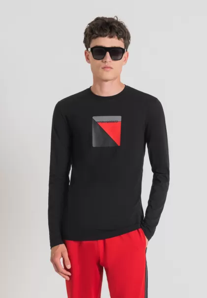 Schwarz T-Shirt Super Slim Fit Mit Langen Ärmeln Aus Baumwollstretch Mit Gummiertem Logo-Print Herren Antony Morato T-Shirts Und Polo