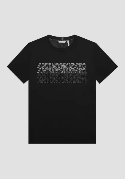 Schwarz Herren T-Shirts Und Polo T-Shirt Slim Fit Aus 100 % Baumwolle Mit Logo-Print In Gummi-Optik Antony Morato