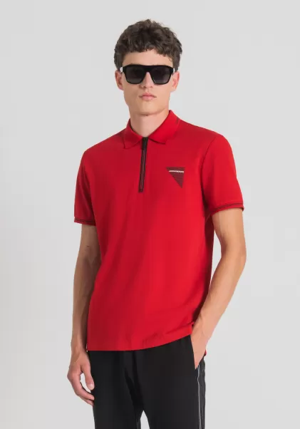 Herren Antony Morato Rot Poloshirt Slim Fit Aus Merzerisiertem Baumwollpikee Mit Gummiertem Logo-Print T-Shirts Und Polo