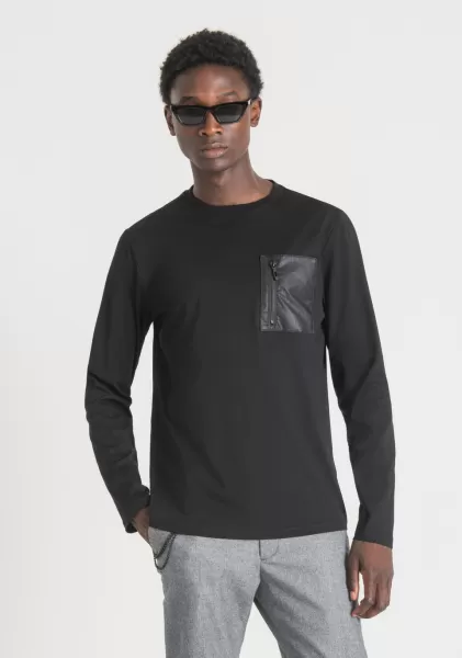 Schwarz T-Shirt Regular Fit Mit Langen Ärmeln Aus 100 % Baumwolle Mit Reissverschlusstasche Aus Kunstleder Antony Morato Herren T-Shirts Und Polo