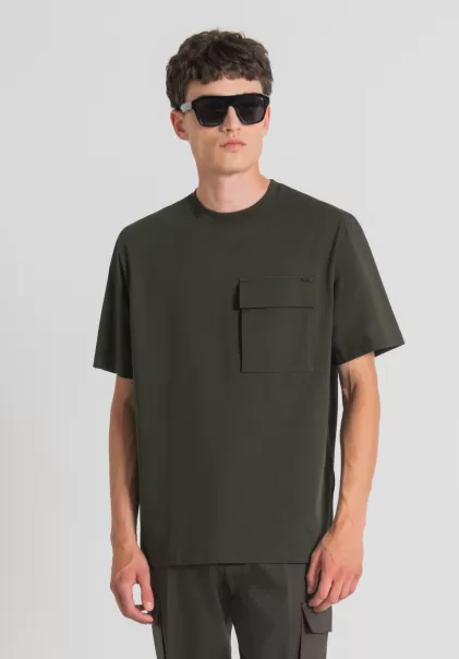 T-Shirt Oversize Aus Reiner Baumwolle Mit Brusttasche Auf Der Linken Seite Dunkles Militärgrün Herren T-Shirts Und Polo Antony Morato