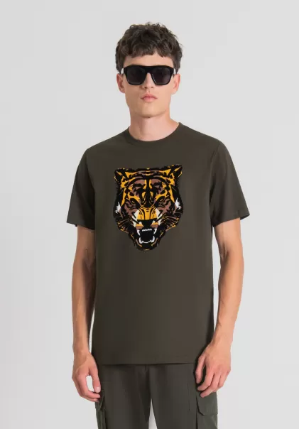 Herren T-Shirts Und Polo Antony Morato Dunkles Militärgrün T-Shirt Regular Fit Aus 100 % Baumwolle Mit Tiger-Print