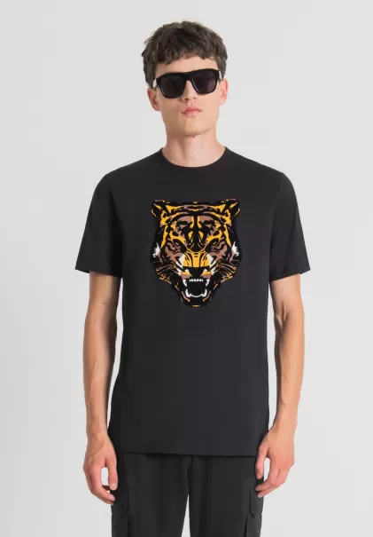 Antony Morato Herren T-Shirts Und Polo T-Shirt Regular Fit Aus 100 % Baumwolle Mit Tiger-Print Schwarz