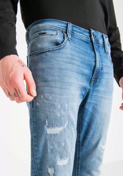 Jeans Herren Antony Morato Jeans Skinny Cropped Fit „Karl“ Aus Blauem Stretch-Denim Mit Heller Waschung Blue Denim